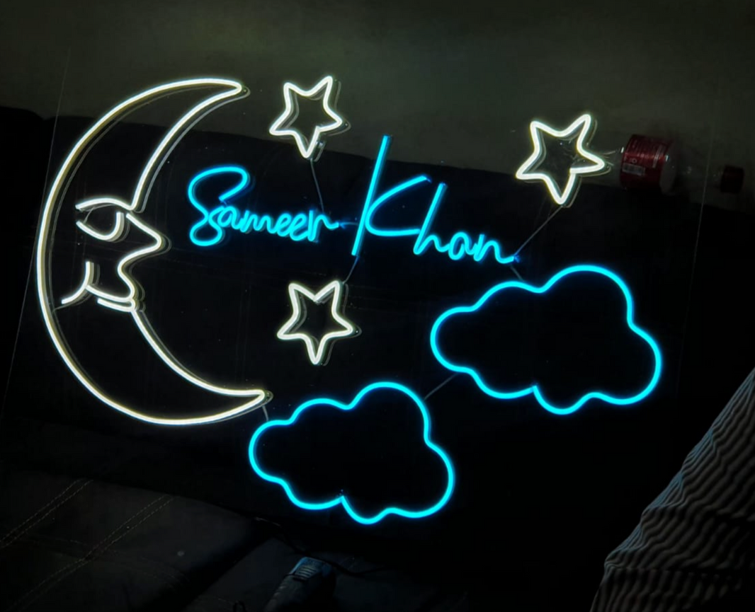 Custom baby name with clouds and moon neon